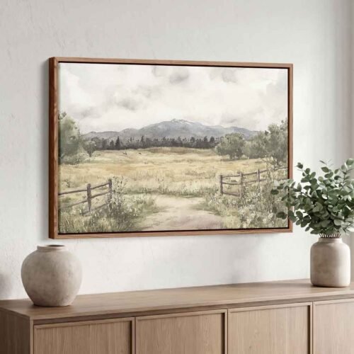 The Meadow's Edge - Art Prints, Watercolour Farmhouse Fence & Mountain Canvas Art. Ready to Hang Cozy Nature Artwork for Bedroom.
