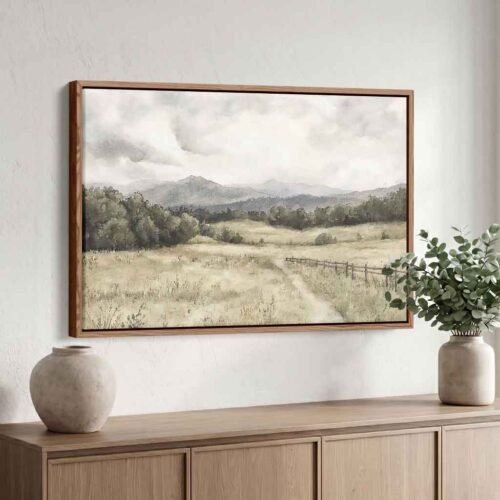 Country Trail - Rustic Landscape, The Path to Tranquility. Serene Mountain Trail Watercolour Art. Peaceful Mountain Pasture Wall Decor Prints.