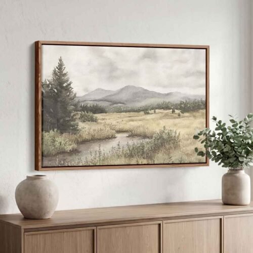 Whispering Waters - Wall Art, Serene Meadow Stream Watercolour Canvas Art. Ready to Hang Rustic Farmhouse Wilderness Artwork for Bedroom.