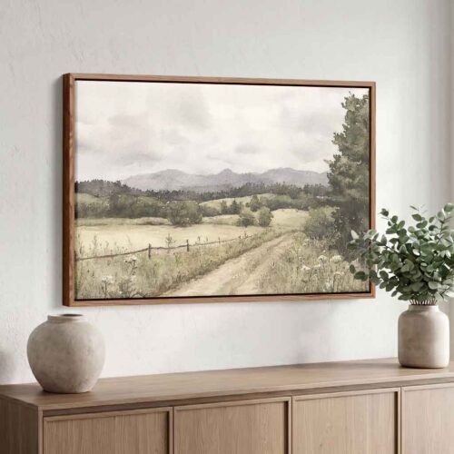The Path Home - Art Prints, Watercolour Mountain Road & Meadow Canvas Art. Minimalist Olive Earth Tone Framed Canvas Artwork.