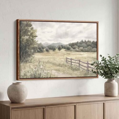 The Heart of Slow Living - Landscape Canvas Print, Serene Country Meadow Watercolour Art. Ready to Hang Cozy Cottagecore Nature Artwork.
