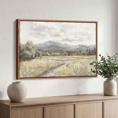 The Quiet Journey - Wall Art, Watercolour Country Trail & Mountain Landscape. Canvas Print, Ready to Hang Rustic Farmhouse Nature Artwork.