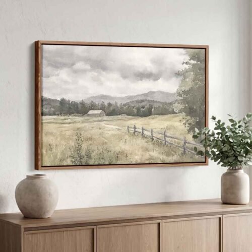 Rural Haven - Art Prints, Serene Country Pasture & Mountain Barn Watercolour. Vintage Barn Landscape Canvas Print, Ready to Hang Artwork.