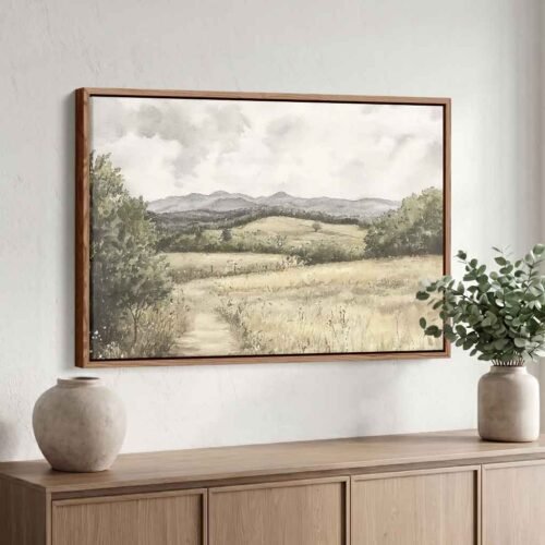 Muted Landscape - Wall Art. Muted Watercolour Mountain Path Canvas Art. Peaceful Mountain Valley Wall Decor, Ready to Hang Artwork.