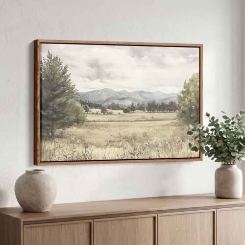 Moody Wilderness - Art Prints, Moody Sage Green Pine Landscape Wall Art. Ready to Hang Canvas Print Cozy Cottagecore Nature Artwork.