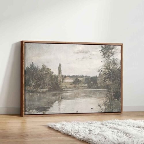 Pond with Ducks - Wall Art, Large Scenic Pond & Rural Home Canvas Art. Vintage Lakeside Manor Canvas Print, Rustic Pond Landscape Wall Art.