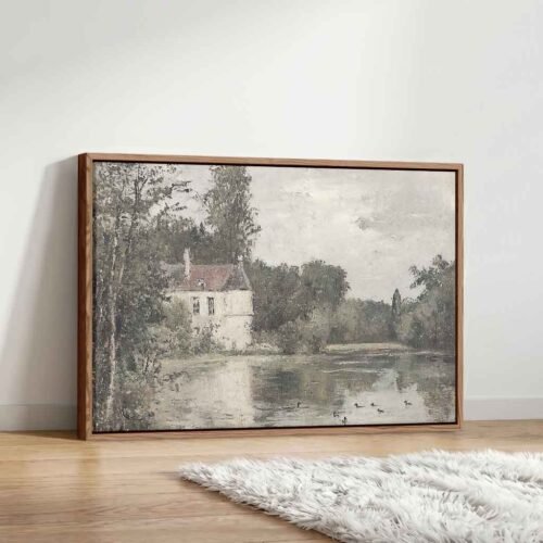 The Heritage Retreat - Art Prints, Vintage Lakeside Manor Canvas Art. Rustic Stone House Landscape Print, French Countryside Framed Wall Art.