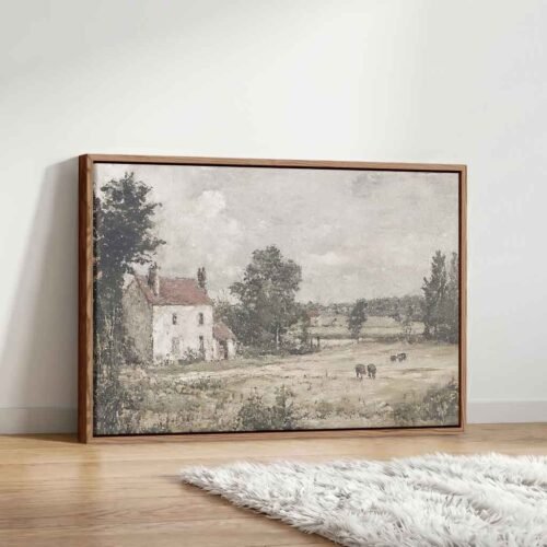 Heritage Pasture - Wall Art, Vintage Stone Cottage & Cattle Canvas Art. Rustic Stone Cottage with Grazing Cattle Artwork, Countryside Decor.