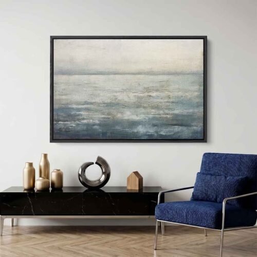 Serene Hazy Sea - Art Prints, The Horizon of Stillness. Serene Hazy Sea Abstract Canvas Art. Calm Neutral Seascape for Living Room.