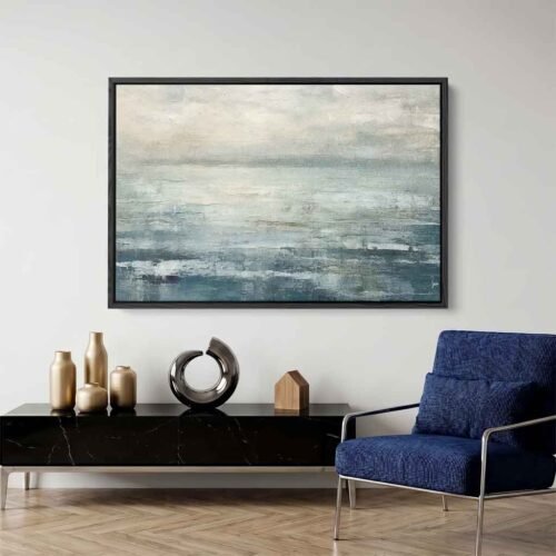 Midnight Stillness - Wall Art, Minimalist Slate Blue Impasto Seascape. Calm Coastal Wall Decor for Living Room, Ready to Hang Seascape Prints.