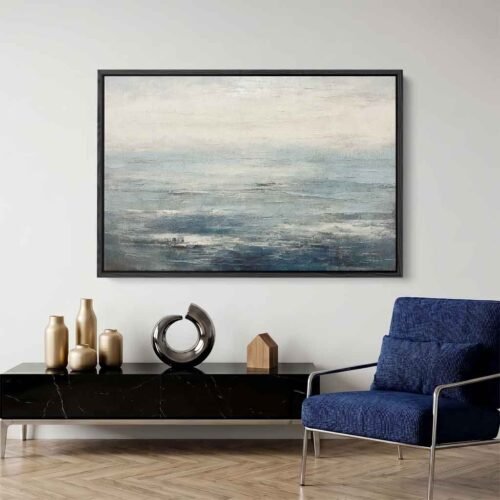 Abstract Seascape - Oil Style Print, Minimalist Blue & Beige Impasto Style. Soothing Coastal Wall Decor for Bedroom, Ready to Hang Wall Art.