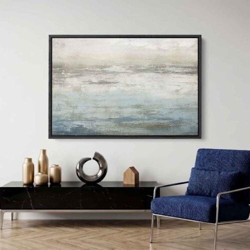 Sculpted Serenity - Wall Art, Minimalist Sage & Beige Impasto Horizon. Muted Earth Tone Seascape, Large Coastal Decor, Sage Green Art.