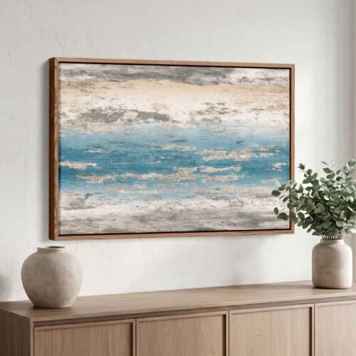 Grounded Serenity Canvas Art: Rustic Horizon Abstract Blue and Beige Coastal Canvas Print - Distressed Rustic Wall Art - Large Modern Seascape