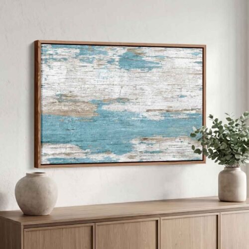 Shabby Chic Wall Art: Weathered Teal & White Wood Abstract Print - Premium Textured Wall Art for Beach House Bedroom Styling