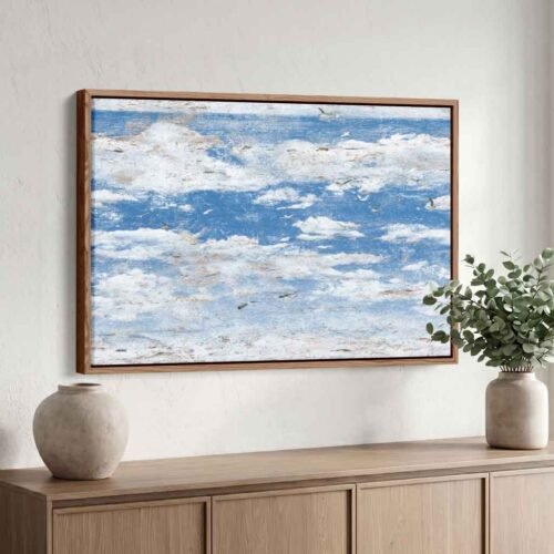 Window to the Sky - Wall Art: Flying Seagulls & White Clouds Canvas Art, Calming Blue Sky Wall Art for Modern Home Decor