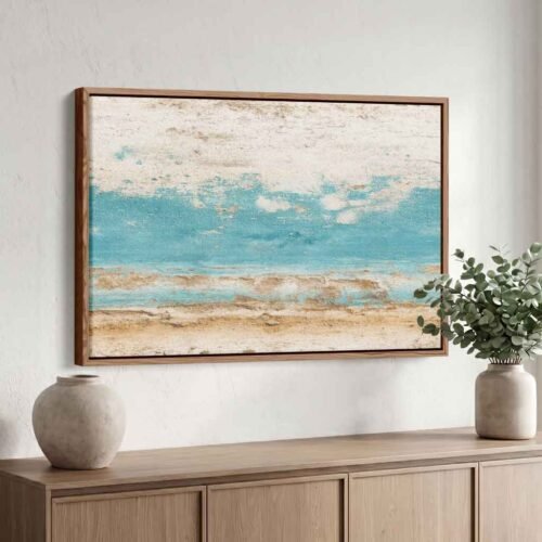 The Rhythm of the Tide: Horizontal Banded Shoreline Abstract Art, Contemporary Weathered Turquoise and Beige Art