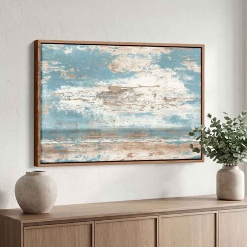 Ocean’s Edge - Canvas Print: Distressed Teal Abstract Seascape Canvas Art, Calming Blue and Sand Wall Decor for Modern Home