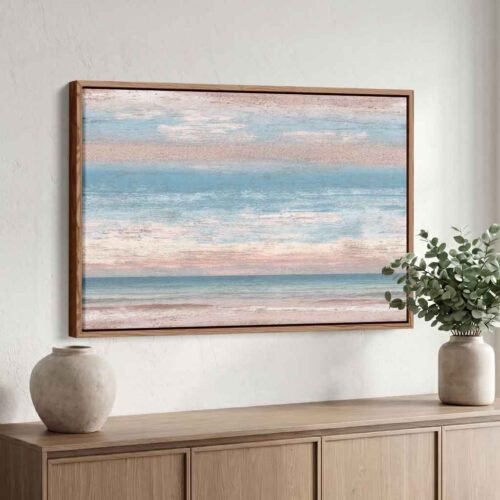 Soft Sand & Stormy Seas: Modern Coastal Grunge Blush & Blue Abstract Canvas Art Print - Ready to Hang Art Piece