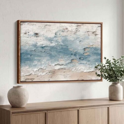 Refined Serenity: Calming Coastal Blue Textured Giclée Canvas Wall Art, Contemporary Distressed Wall Decor for Modern Minimalist Spaces