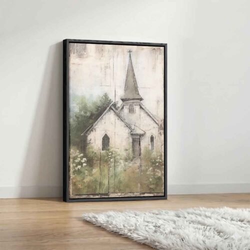 Serene Chapel - Art Prints. Peaceful Country Chapel Wall Art, Serene Spiritual Decor for Living Room or Entryway. Framed Canvas Wall Art.