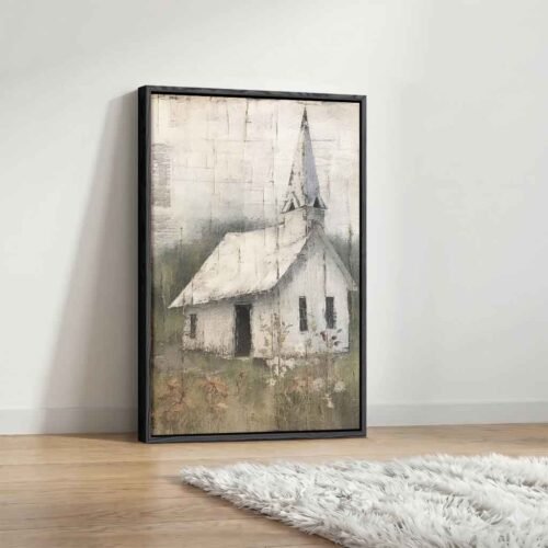 Peaceful Grace Meadow - Wall Art. Rustic White Church Canvas Wall Art, Vintage Country Chapel Print, Farmhouse Landscape Decor.