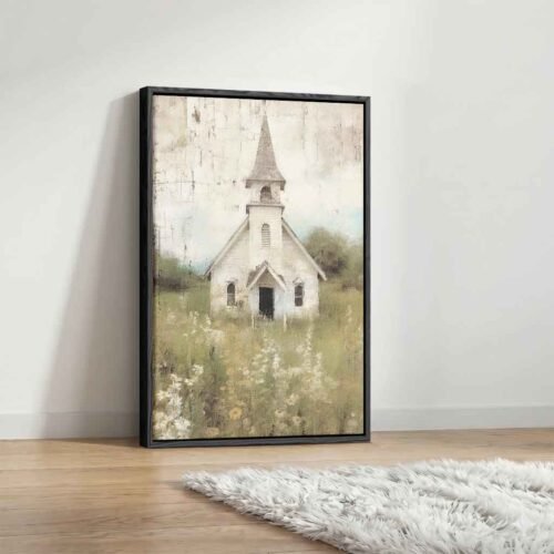 Rustic White Church  - Art Prints. Peaceful Countryside Church Wall Decor - Large Landscape Canvas for Serene Living Room Atmosphere.