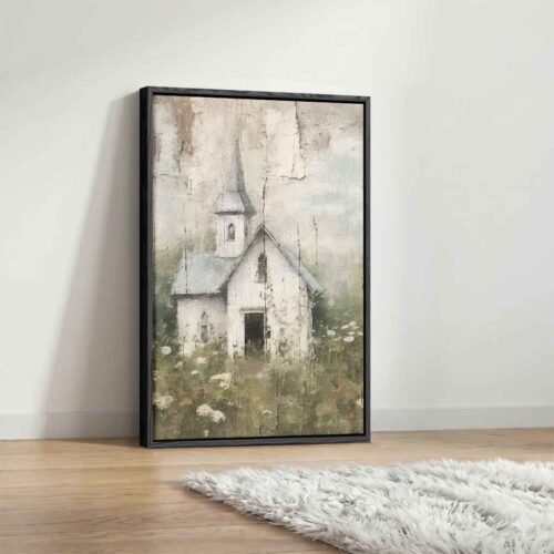 Vintage Chapel Print - Canvas Art. Rustic White Church Canvas Wall Art. Cracked Paint Effect Canvas - Antique Shabby Chic Wall Art.