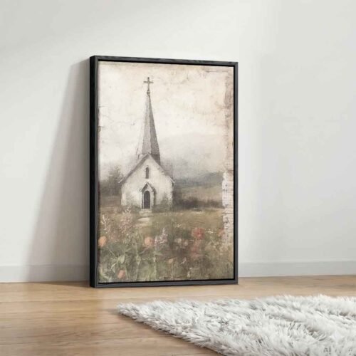 Peaceful Meadow Chapel - Canvas Art. Rustic White Church Canvas Wall Art - Vintage Chapel Print - Farmhouse Country Landscape Decor.