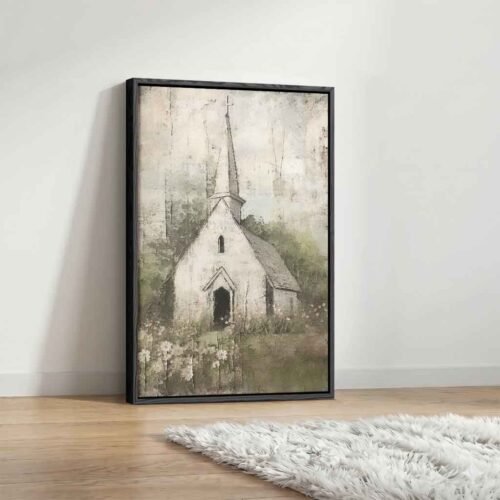 Farmhouse Sanctuary - Art Prints. Peaceful Countryside Chapel Decor - Large Religious Canvas Print for Serene Living Room Atmosphere.