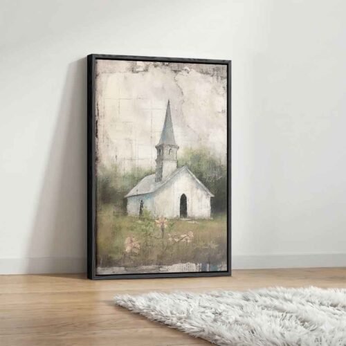Timeless Chapel - Art Prints. Serene Countryside Church Wall Art for Living Room - Spiritual Farmhouse Decor for Peaceful Home.