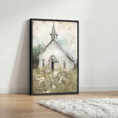 Wildflower Sanctuary - Wall Art. Serene White Chapel in Wildflower Meadow - Peaceful Religious Wall Decor for Cozy Home Interiors.