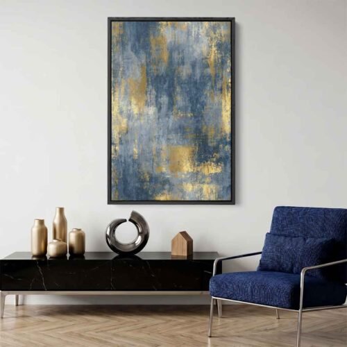 Urban Opulence - Wall Art: Industrial Weathered Gold & Indigo Abstract Canvas Prints. Elegant Large Canvas Art for Living Room Walls