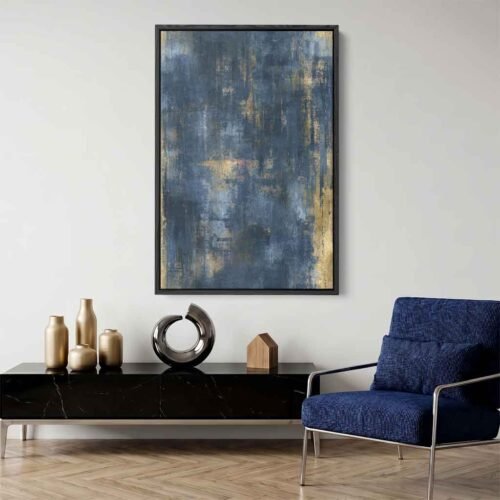 Celestial Grit - Wall Art: Midnight Indigo & Metallic Gold Industrial Abstract Art Prints. Navy Blue and Gold Abstract Canvas Wall Art.