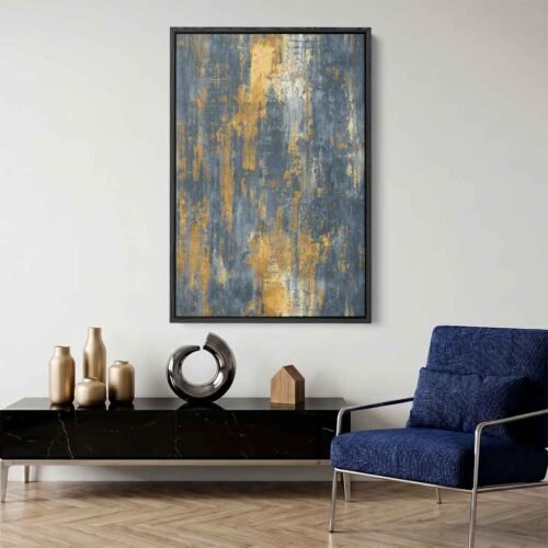 Grunge Soul - Wall Art, Midnight Industrial Prints: Navy & Gold Distressed Abstract Canvas Wall Art. Large Canvas Art for Modern Living Room.