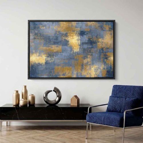 Block Abstract Art - Structured Sophistication: Geometric Gold & Navy Artwork. Elegant Large Wall Art for Modern Home or Offices.
