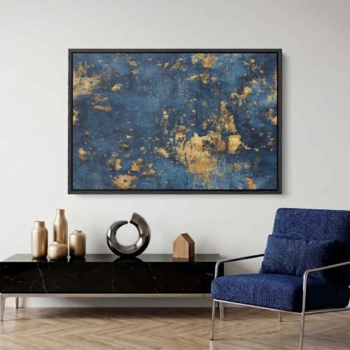 Celestial Industrialism - Wall Art: Gilded Indigo & Weathered Plaster Abstract Prints. Elegant Large Canvas Print for Home Office.