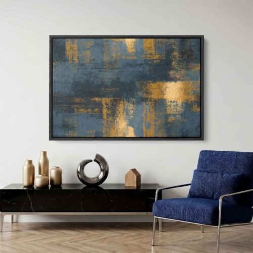 Structured Opulence - Wall Art: Geometric Gold & Indigo Weathered Abstract Art Prints. Large Elegant Wall Art for Modern Living Rooms