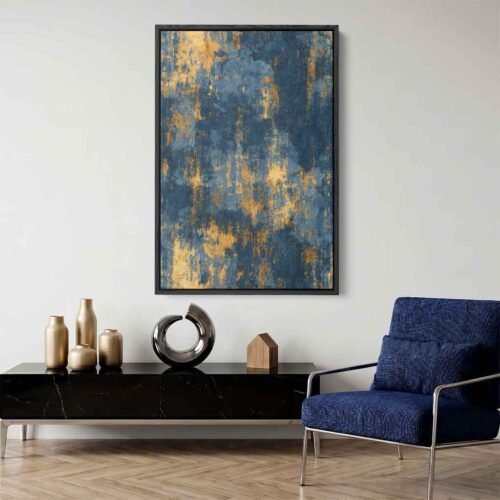 Midnight Blue - Wall Art, Contemporary Canvas Art. Distressed Metallic Gold & Midnight Blue Abstract Prints. Industrial Weathered Textured Wall Art.