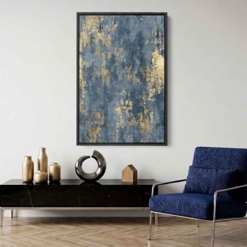 Moody Slate Blue - Art Prints, Atmospheric Depth: Moody Slate Blue & Gold Grunge Abstract Wall Art Prints. 