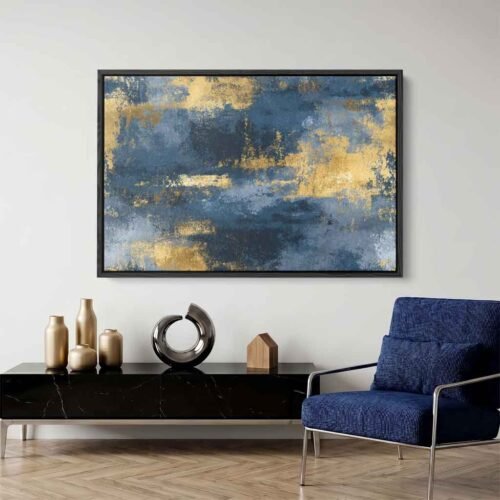 Distressed Alchemy - Wall Art: Distressed Metallic Gold & Indigo Abstract Canvas Wall Art - Modern Industrial Home Decor - Large Abstract Print.