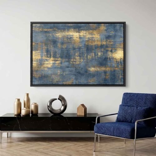 Liquid Sophistication - Art Prints: Atmospheric Indigo & Weathered Gold Marbled Canvas Prints for Living Room