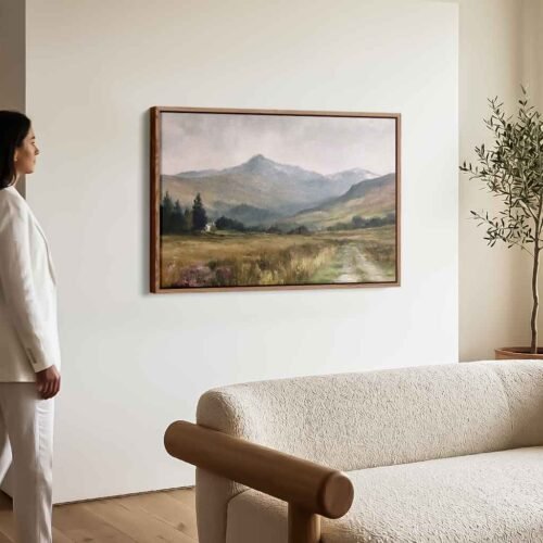 Highland Sanctuary - Wall Art, Serene Misty Valley Framed Canvas Art. Calm Nature Canvas Print for Office Decor - Ready to Hang Art Prints.