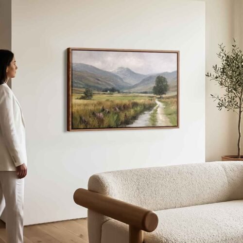 Rural Landscape - Wall Art, Serene Country Road & Snowy Peak Canvas Art. Scottish Highland Landscape Canvas Print - Misty Mountain Wall Art.