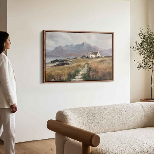 Isle of Skye - Wall Art, Impressionist Coastal Cottage Canvas Art. Scottish Coastal Landscape Canvas Wall Art - Framed Coastal Path Canvas Print. 