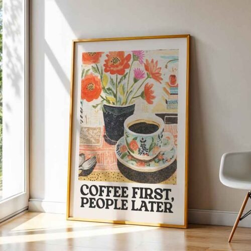 Retro Coffee Floral - Art Prints. Retro Floral Coffee & Poppy Flower Poster Print. Funny Coffee Lover Kitchen Wall Decor - Retro Floral Still Life Art.