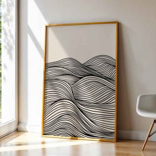 Zen Ink Ripples - Art Prints. Modern Minimalist Ripples & Wavy Lines Poster. Black Ink Wavy Lines Poster - Neutral Cream and Black Wall Decor.