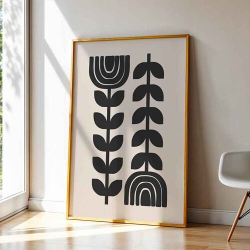 Scandi Rainbow Botanical - Art Print. Scandinavian Abstract Floral & Rainbow Poster Print. Black and Neutral Beige Mid Century Wall Decor.