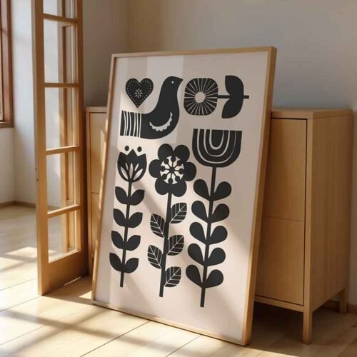 Nordic Folk Bird - Wall Art. Bird Heart and Flower Poster Print - Neutral Cream and Black Abstract Botanical Print - Graphic Folk Art Decor.