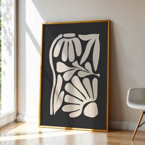 Matisse Dark Leaf - Wall Art Botanical Noir. Matisse Inspired Charcoal & Cream Flower Poster Print. Moody Minimalist Organic Leaf Poster.