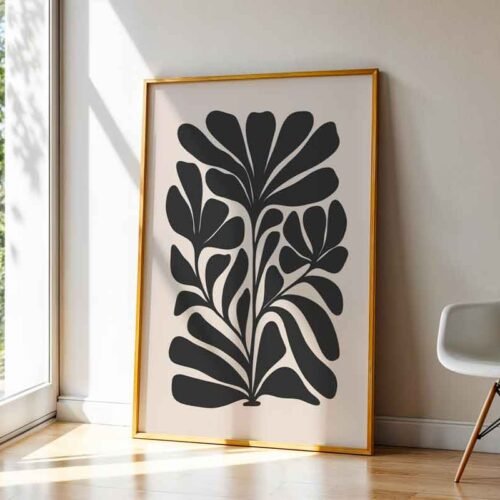 Japandi Botanical Leaf - Art Print. Matisse Inspired Japandi Botanical Poster Print. Black and Neutral Beige Poster - Scandinavian Home Decor.